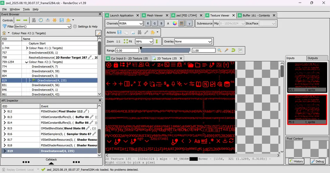 Inspecting Zed's rendering using RenderDoc. Here we're viewing the glyph atlas&mdash;a GPU texture that contains one copy of every glyph in the frame